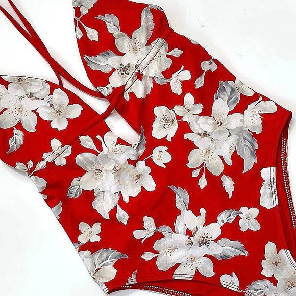 Frankies Bikinis Janelle One-Piece Swimsuit Red Floral Azalea Cheeky Cut Size M - Picture 1 of 9
